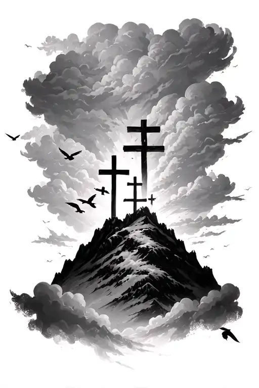 Bible vers Isaiah 54:17 and clouds and three crosses on a mountain with clouds and birds on the forearm tattoo design idea