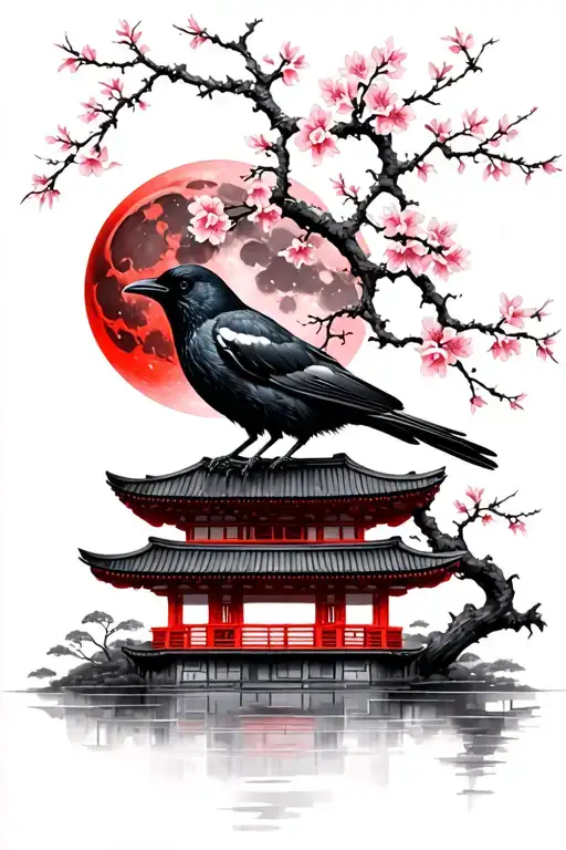 cherry blossom, crow, red moon, Japanese structures tattoo design idea
