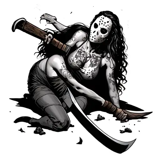 Friday the 13th. Jason attacking a girl with machete. Girl in a pinup style  tattoo design idea