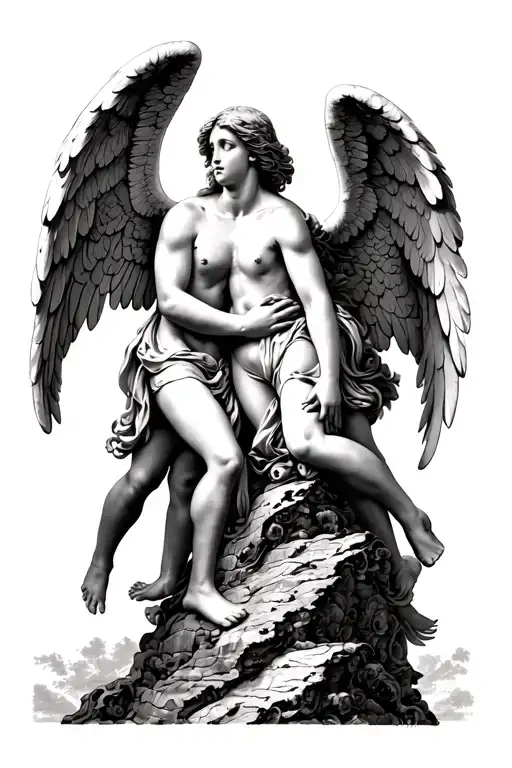 angels climbing on top of each other  black and white renaissance  tattoo design idea