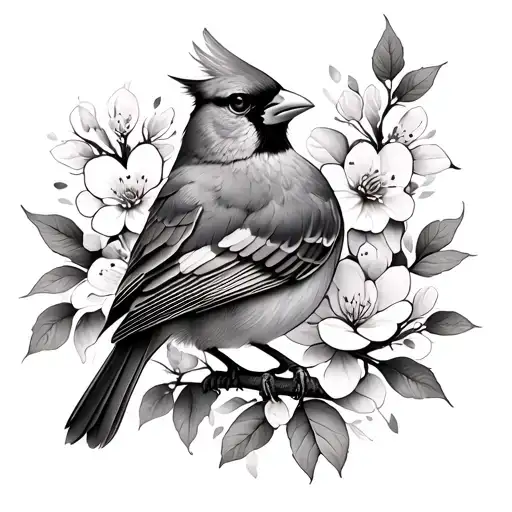 Female cardinal in dogwood trees and flowers intertwined tattoo design idea