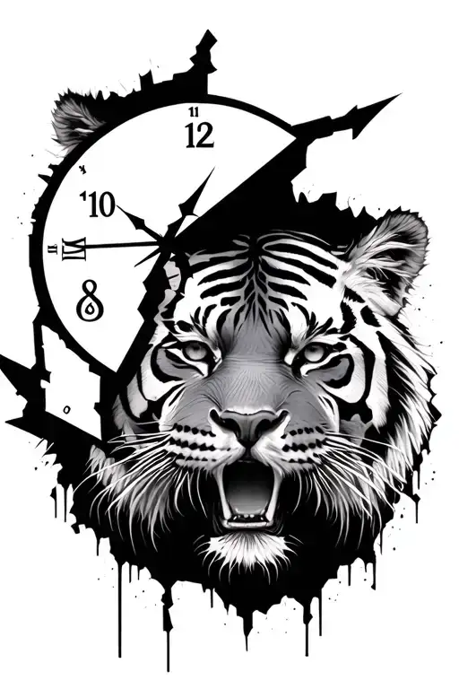 scarred Tiger face with broken clock  tattoo design idea