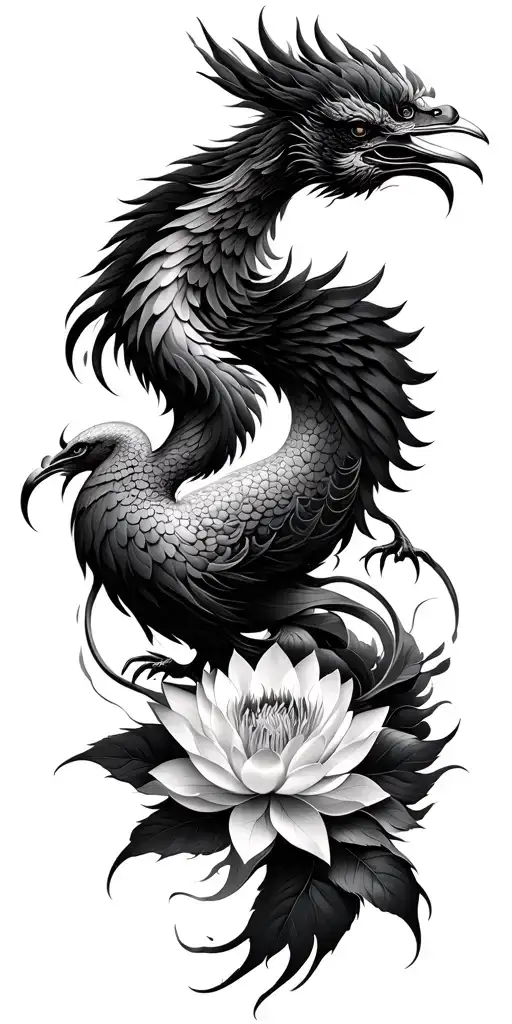 Chinese, Phoenix, pagoda, Lotus flower, dharma wheel tattoo design idea