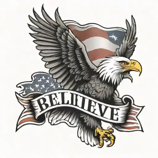 American flag and eagle with the words “Believe In” on it tattoo design idea