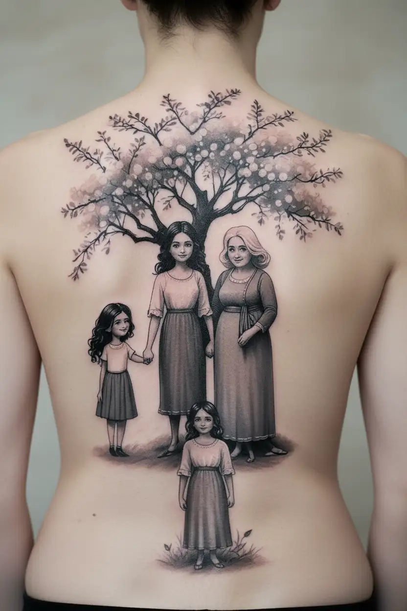 granddaughter and grandmother holding hands, girl with dark hair, woman with white hair, hawthorn tree, nature scene tattoo design idea
