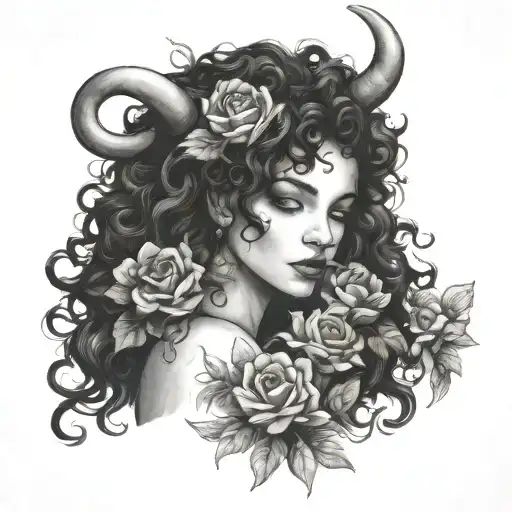 curly girl with a flower in her hands and her shadow with horns tattoo design idea