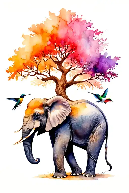 Elephant, hummingbird and gondore tree tattoo design idea