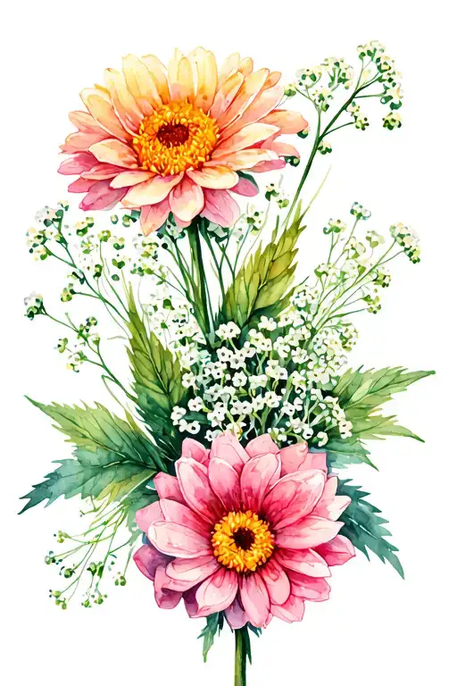 bouquet of flowers with Alyssum, Baby breath, and chrysanthemum tattoo design idea