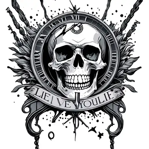 skull, time running and live your life tattoo design idea