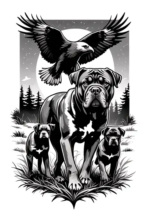 alpha bull mastiff with pup on either side, hunting while walking through forest under night sky, eagle behind them tattoo design idea