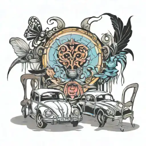 vw bug surrounded chairs tattoo design idea