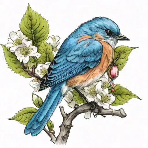 eastern blue bird sitting on dogwood branch representing tattoo design idea