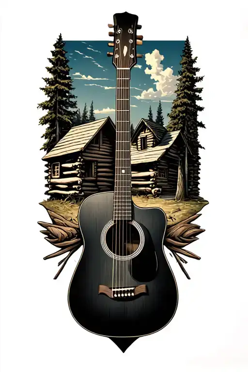 accoustic guitar surrounded by log cabin scene  tattoo design idea