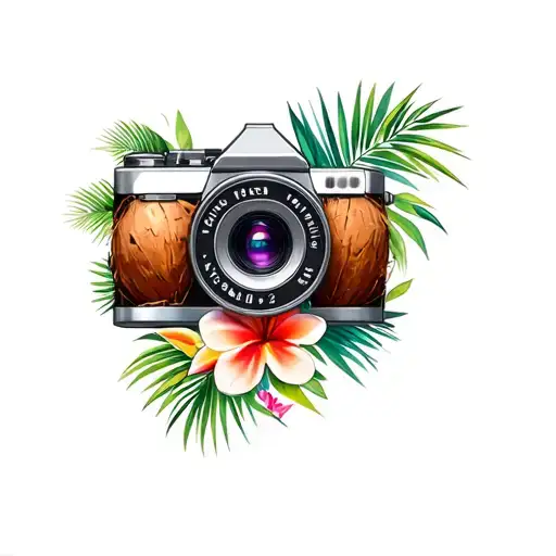 Create a tropical tattoo with an old fashioned camera camera, palm trees, coconuts, Dominican Republic flowers with othe tattoo design idea