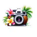Create a tropical tattoo with an old fashioned camera camera, palm trees, coconuts, Dominican Republic flowers with othe tattoo design idea