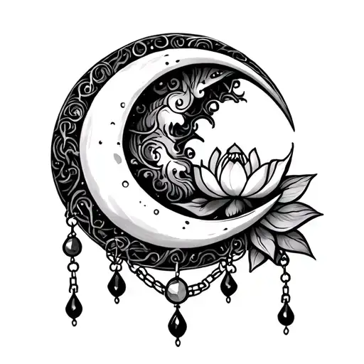 crescent moon with line art in it, chains and jewels hanging off and a lotus flower between the points of the moon tattoo design idea