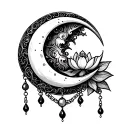 crescent moon with line art in it, chains and jewels hanging off and a lotus flower between the points of the moon tattoo design idea
