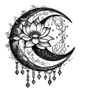 crescent moon with line art in it, chains and jewels hanging off and a lotus flower between the points of the moon tattoo design idea