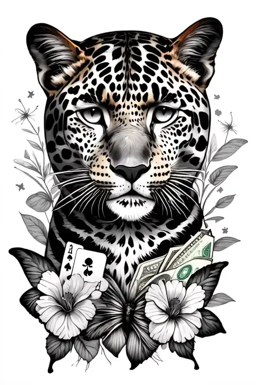 full arm sleeve for a girl with random uniqueness and no flowers or butterfly's, maybe money and cards and a leopard  tattoo design idea