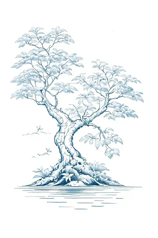 outlines of koh jum with banyan tree integrated in the north and frangipani somewhere tattoo design idea