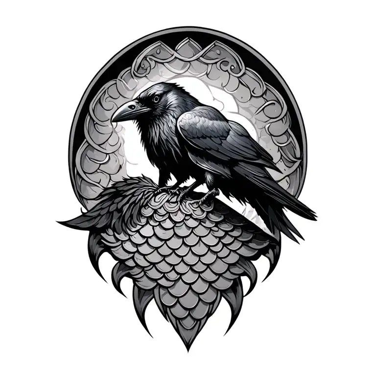 Fish scales as an armor, with a raven, Celtic still quiet tattoo design idea