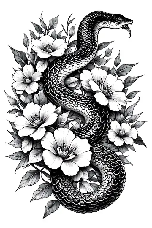 Women's snake tattoo, flowers around it, biblical. tattoo design idea
