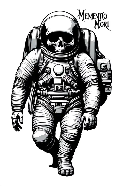 Dead Astronaut with text saying Memento Mori written tattoo design idea