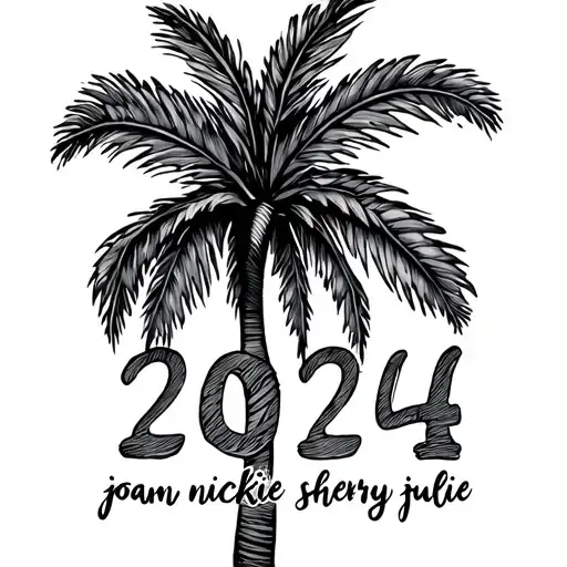 palm tree with 2024 as the base of the tree in cursive, joann, nickie, shery, and julie as the leaves in cursive tattoo design idea