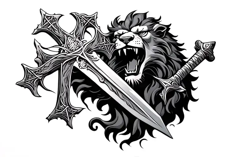 orthodox cross st michaels sword intertwined framing a roaring lion tattoo design idea
