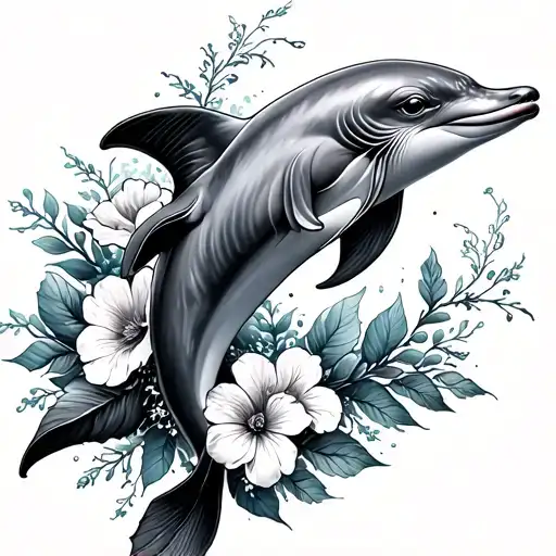 dolphin jumping wave floral fine line tattoo tattoo design idea