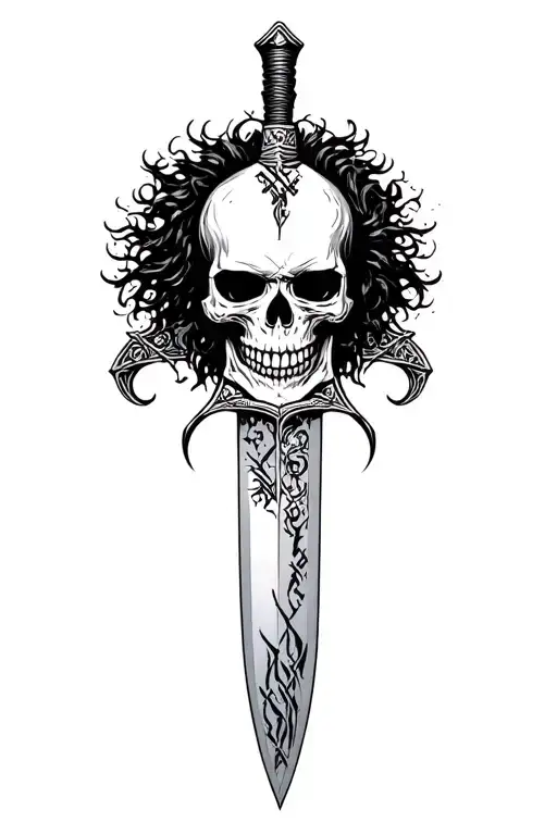 "AFRO" Sharp long dagger with runes shaded skull head tattoo design idea