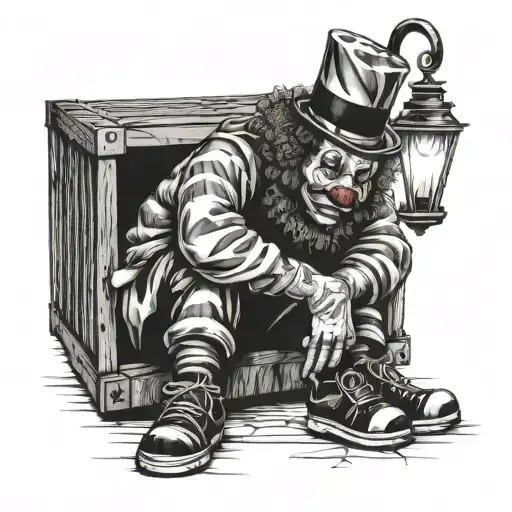 sad drunk clown sitting under a streetlight on a crate tattoo design idea