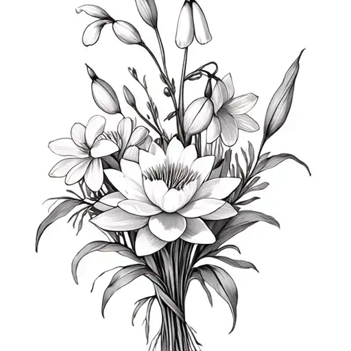 snowdrop, daffodil, water lily and Cosmo flower bouquet with vines  tattoo design idea