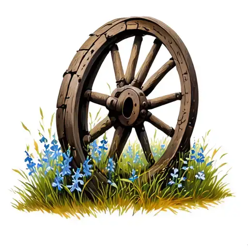 old broken wagon wheel with tall grass and larkspur  tattoo design idea