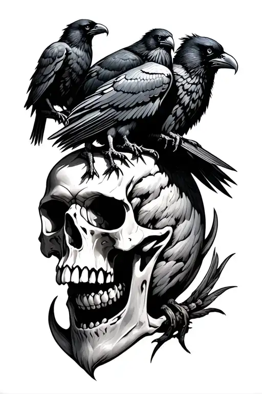 odins skull with his ravens Huginn and Muninn tattoo design idea