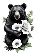 fighting Black bear with hollyhock flowers tattoo design idea