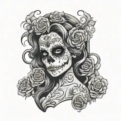 Lady death sugar skull standing tattoo design idea