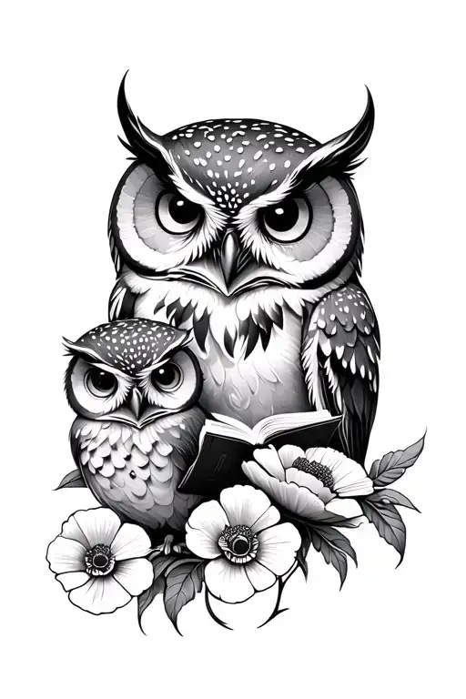 A whimsical tattoo of a mother owl reading a book to her baby owl, with poppy flowers blooming around them tattoo design idea