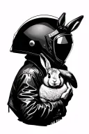 A man wearing a motorcycle helmet and hugging a rabbit. tattoo design idea