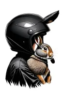 A man wearing a motorcycle helmet and hugging a rabbit. tattoo design idea