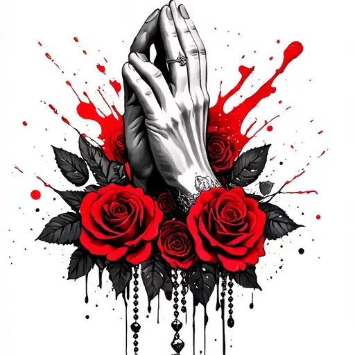 praying hands with rosary, roses, and scriptures tattoo design idea