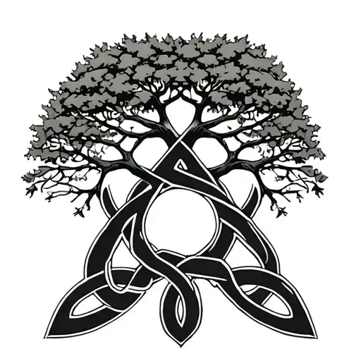 Show me an image of a Celtic Serch Bythol symbol with a tree of life intertwined and connected on the top of the symbol tattoo design idea