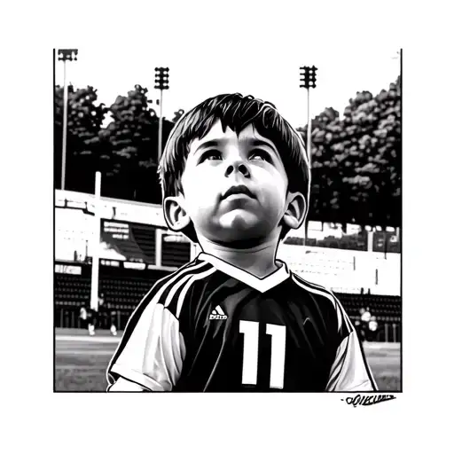 little boy in football jersey with number 11 looking up into the sky in the background the signal iduna park tattoo design idea