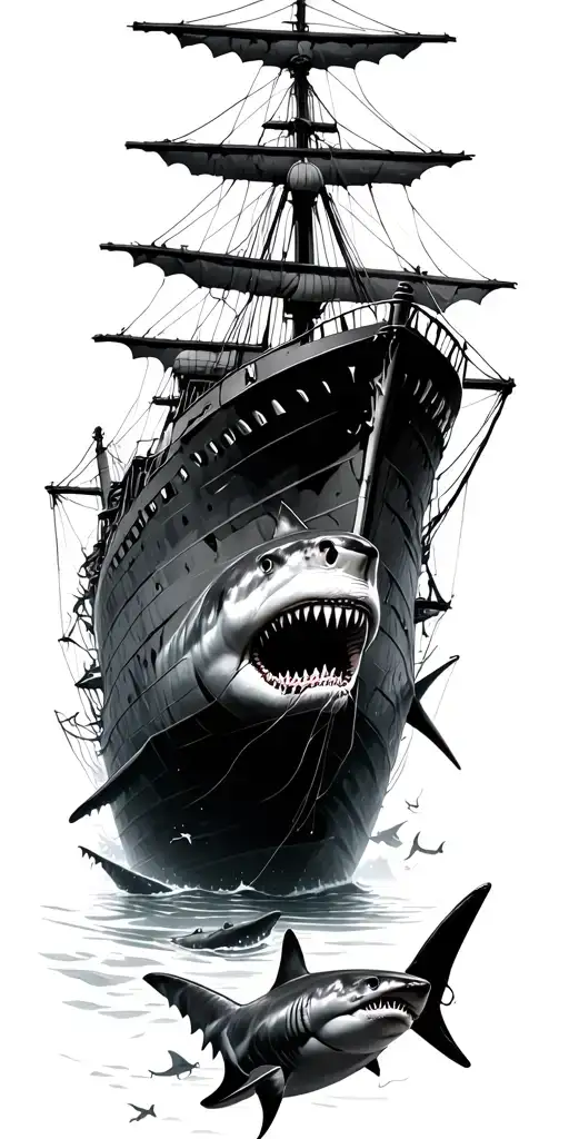 A realistic sunken ship with visible damage and marine growthGreat white sharks swimming around itAn eerie underwate tattoo design idea