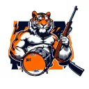 cool tiger with an ak47 and awesome pecs and a worm best friend and he is playing the drums the whole mets team is there tattoo design idea
