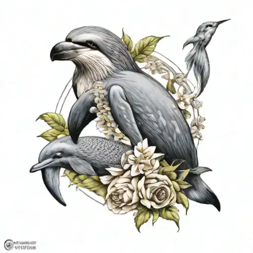 flower circle with a dolphin, a sloth and a dodo bird tattoo design idea