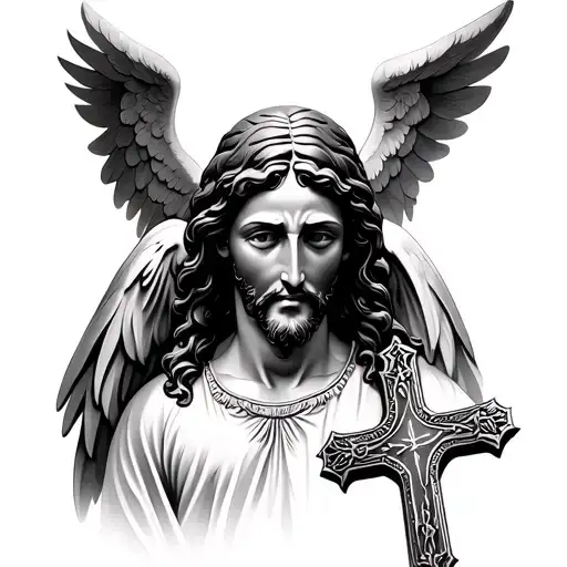 face of Christ an angel and a cross tattoo design idea