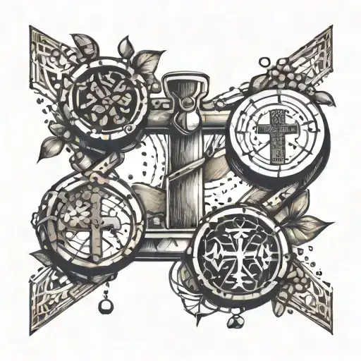 An intricate design of weights intertwined with coffee beans and a cross symbol tattoo design idea