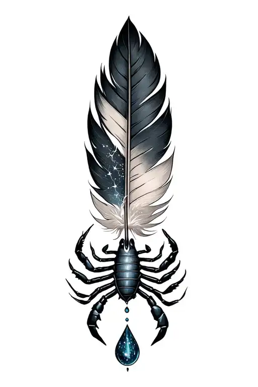 Finger alliance with feather drop of water + constellation of the virgin and scorpion intertwined with harmonyus tattoo design idea