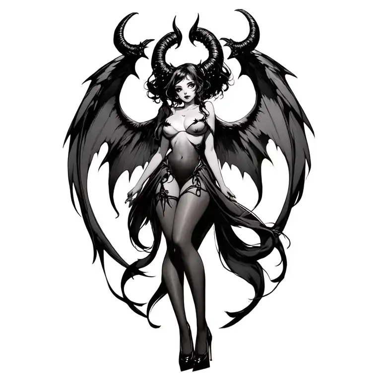 anime succubus with horns an demon wings, seductive looking wearing stockings and high heels standing in a sexy pose tattoo design idea